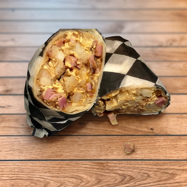 Ham, Potatoes, Eggs, & Cheese Burrito.